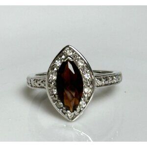Marquise Cut Smokey Quartz Halo Ring Sterling Silver Pave Band